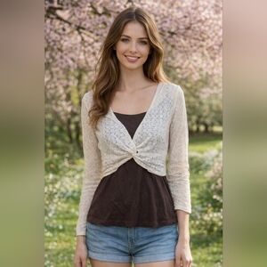 Eyeshadow Juniors XL Cream Crochet Twist Layered Top Brown Tank Boho Festival
